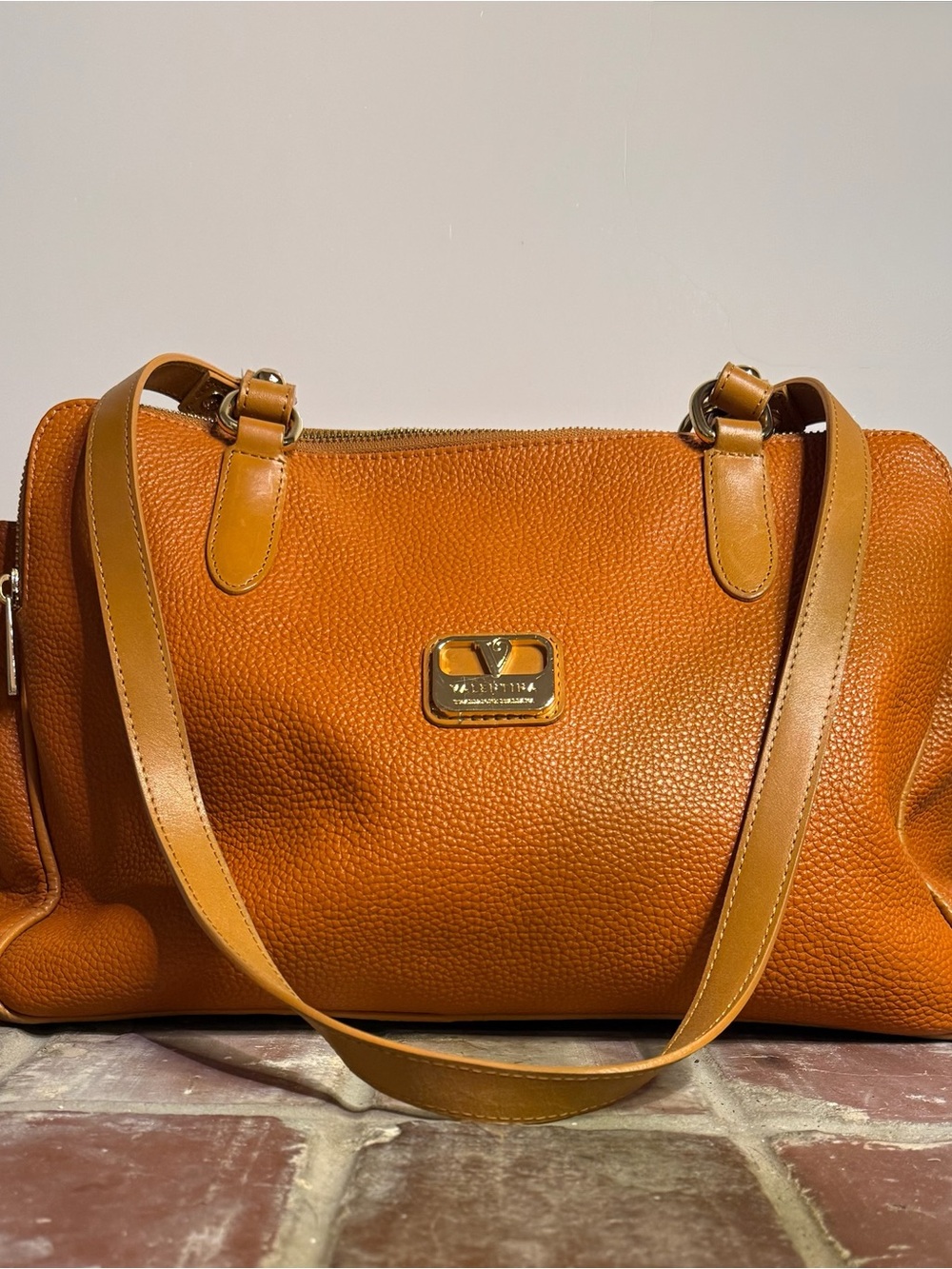 Valentina Tradizione Italiana Pebbled Leather Shoulder Bag – Cognac/Burnt Orange